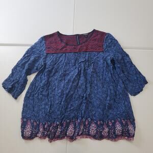 Lucky Brand Shirt Womens 1X Blue Red Boho Embroidered Tunic Floral Peasant Top